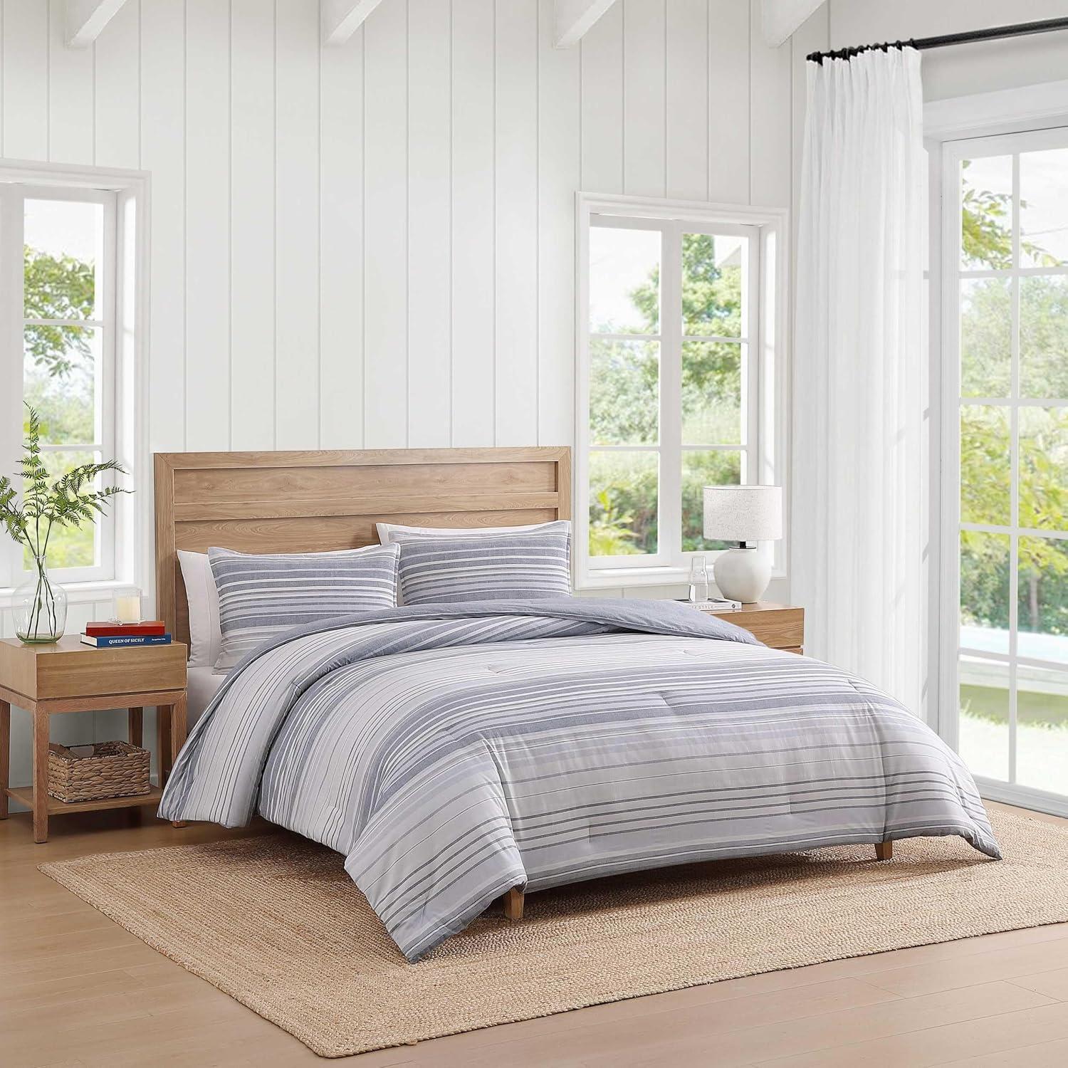 imageTommy Hilfiger Twin Duvet Cover Set Cotton Textured Bedding with Matching Sham Medium Weight Bed Set OekoTEX Certified Danbury Stripe BlueBold Stripe Grey