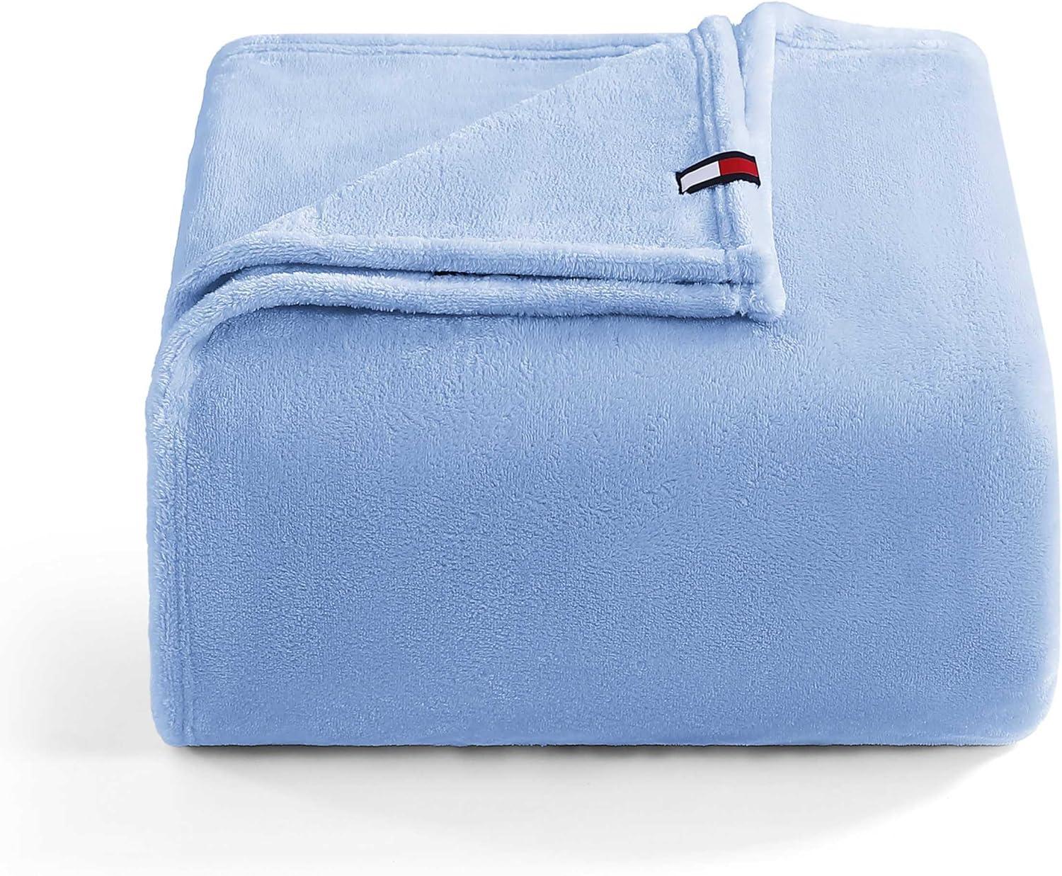 imageTommy Hilfiger Twin Plush Blanket Medium Weight Bedding for YearRound Use Perfect for Layering on Beds or Couches Dorm Essentials Light BeigeLight Blue