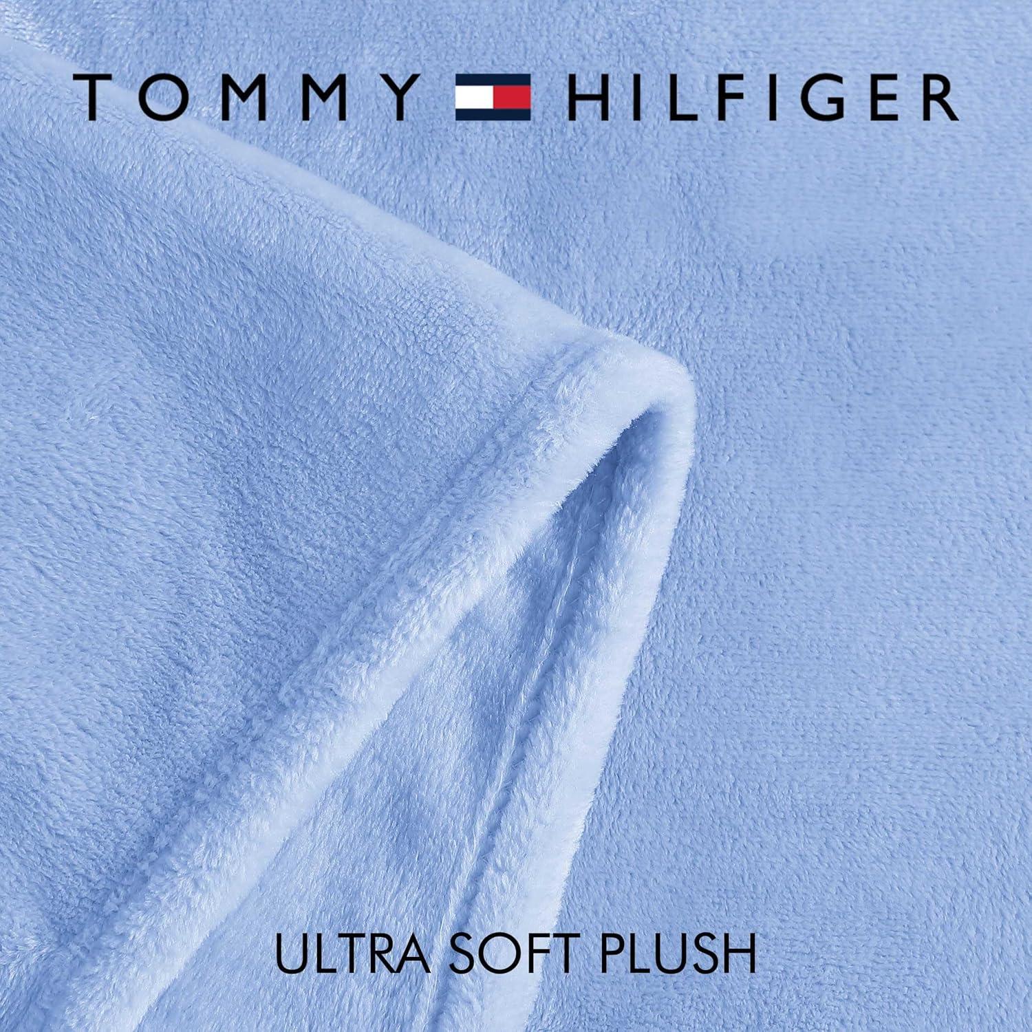 imageTommy Hilfiger Twin Plush Blanket Medium Weight Bedding for YearRound Use Perfect for Layering on Beds or Couches Dorm Essentials Light BeigeLight Blue