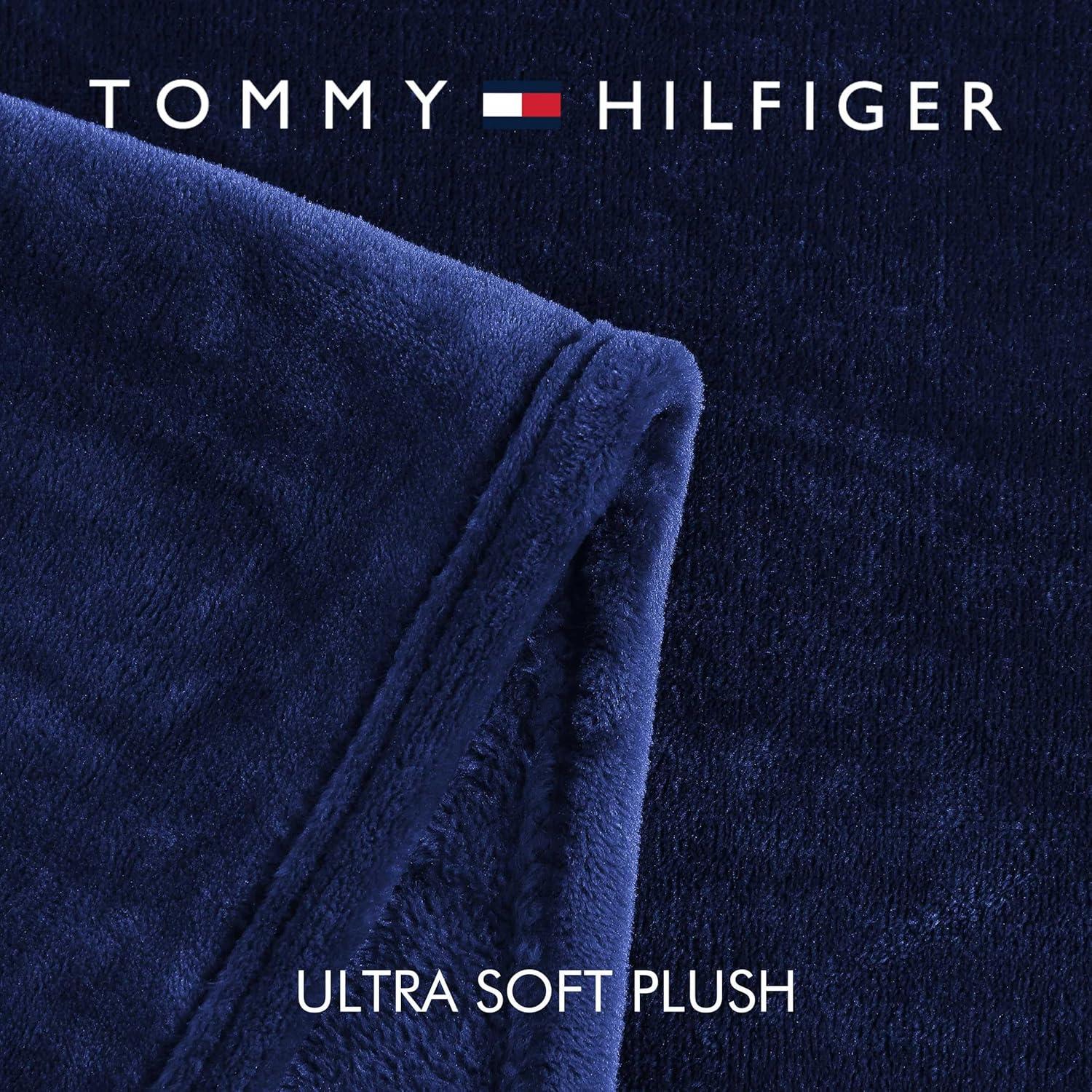imageTommy Hilfiger Twin Plush Blanket Medium Weight Bedding for YearRound Use Perfect for Layering on Beds or Couches Dorm Essentials Light BeigeMarine Blue