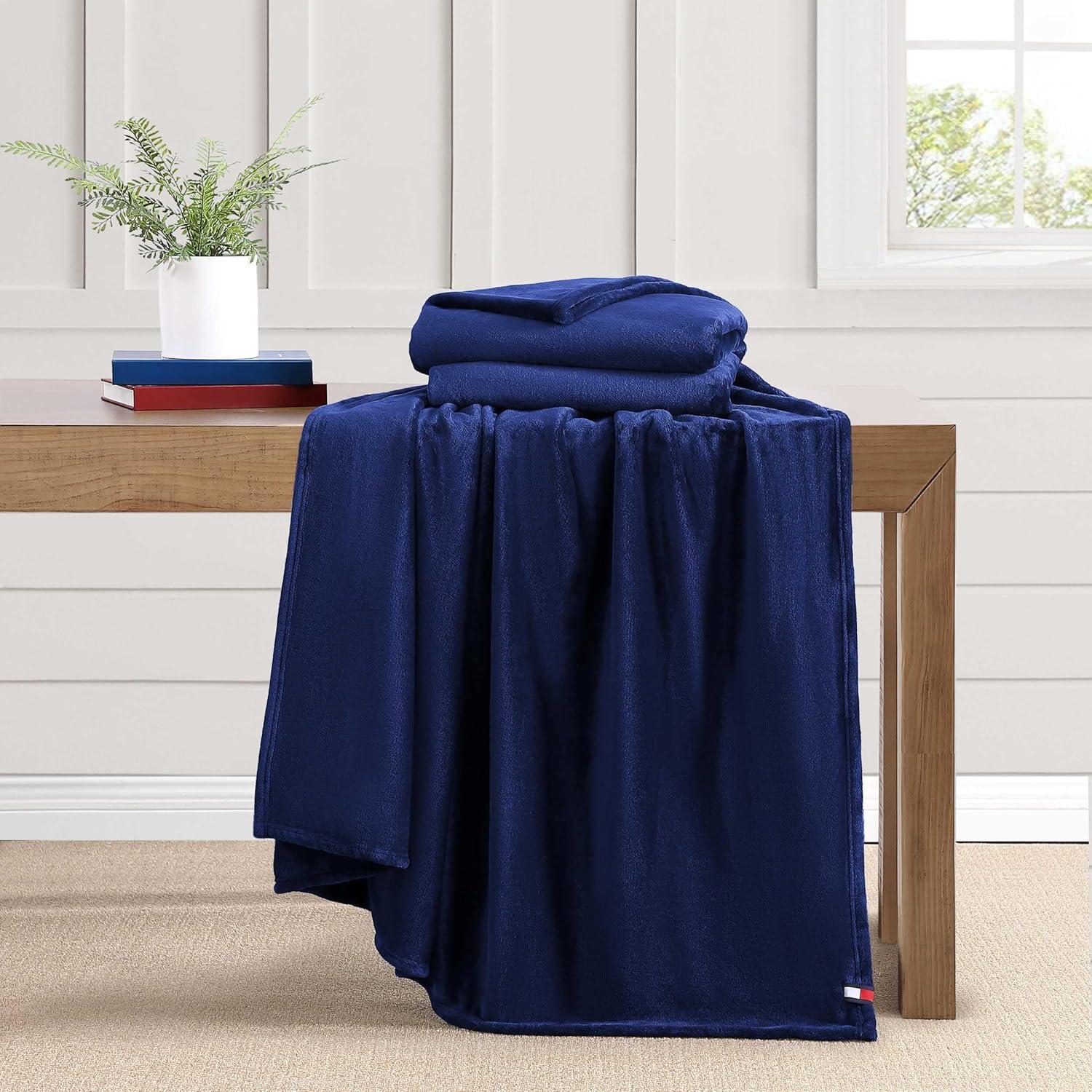 imageTommy Hilfiger Twin Plush Blanket Medium Weight Bedding for YearRound Use Perfect for Layering on Beds or Couches Dorm Essentials Light BeigeMarine Blue