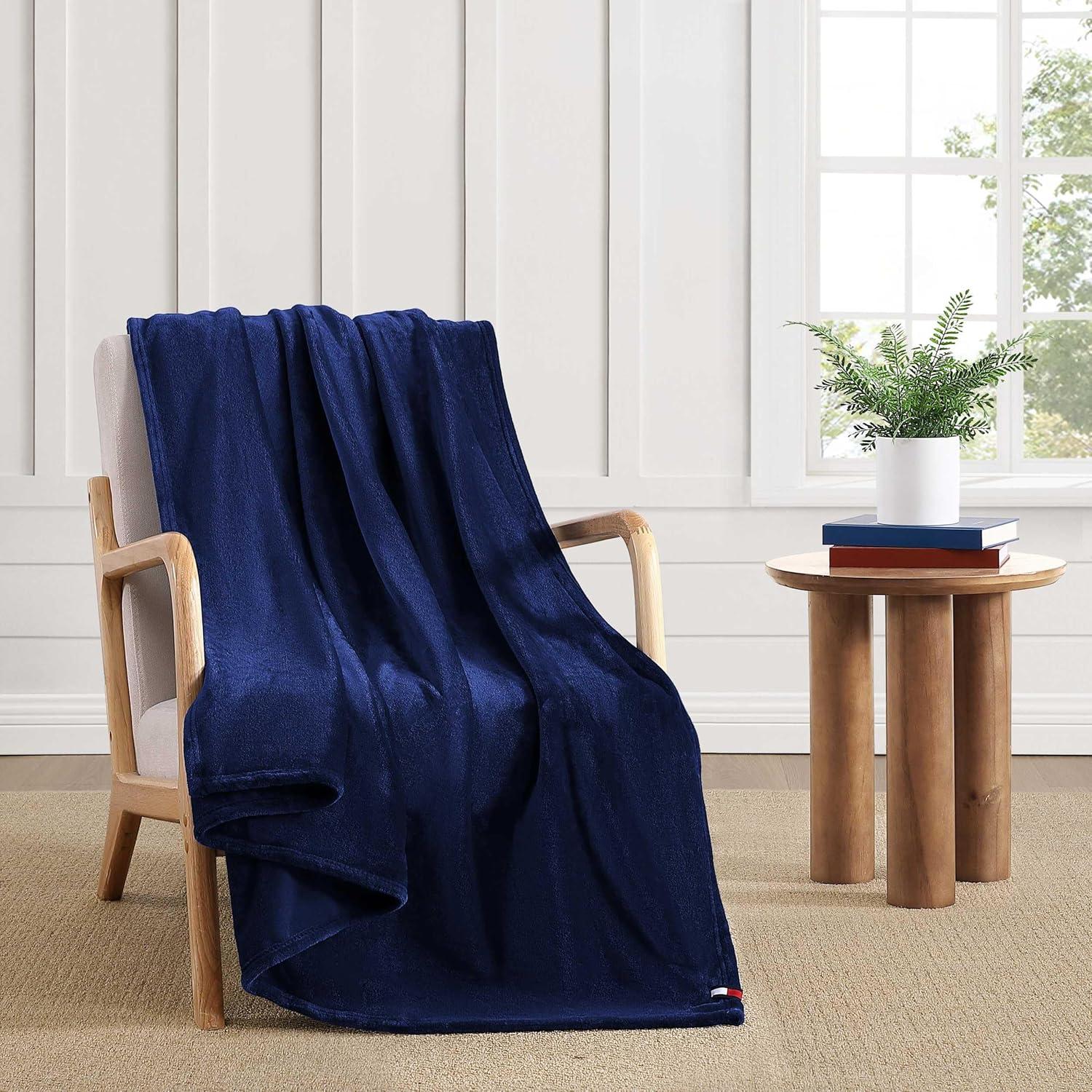 imageTommy Hilfiger Twin Plush Blanket Medium Weight Bedding for YearRound Use Perfect for Layering on Beds or Couches Dorm Essentials Light BeigeMarine Blue