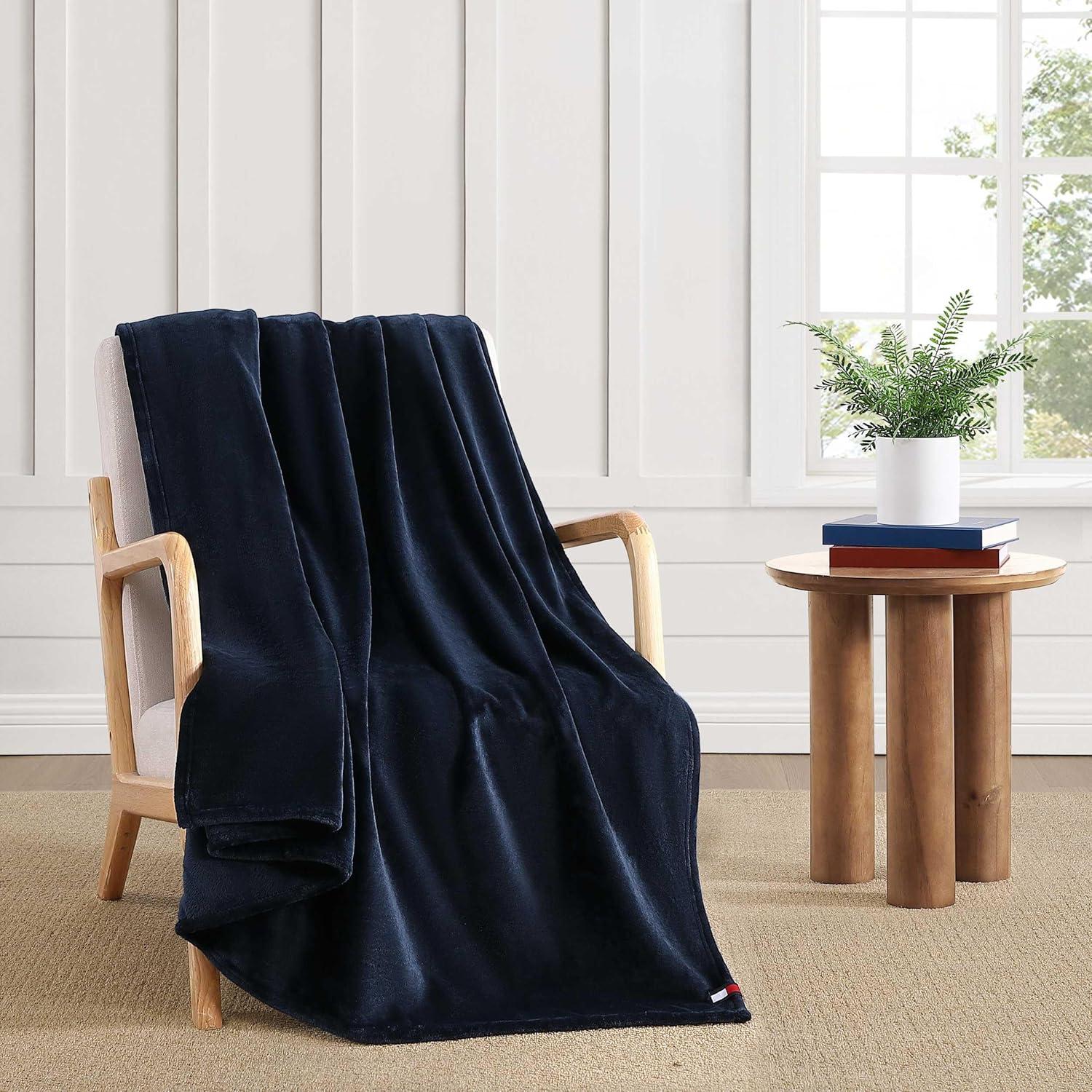 imageTommy Hilfiger Twin Plush Blanket Medium Weight Bedding for YearRound Use Perfect for Layering on Beds or Couches Dorm Essentials Light BeigeNavy
