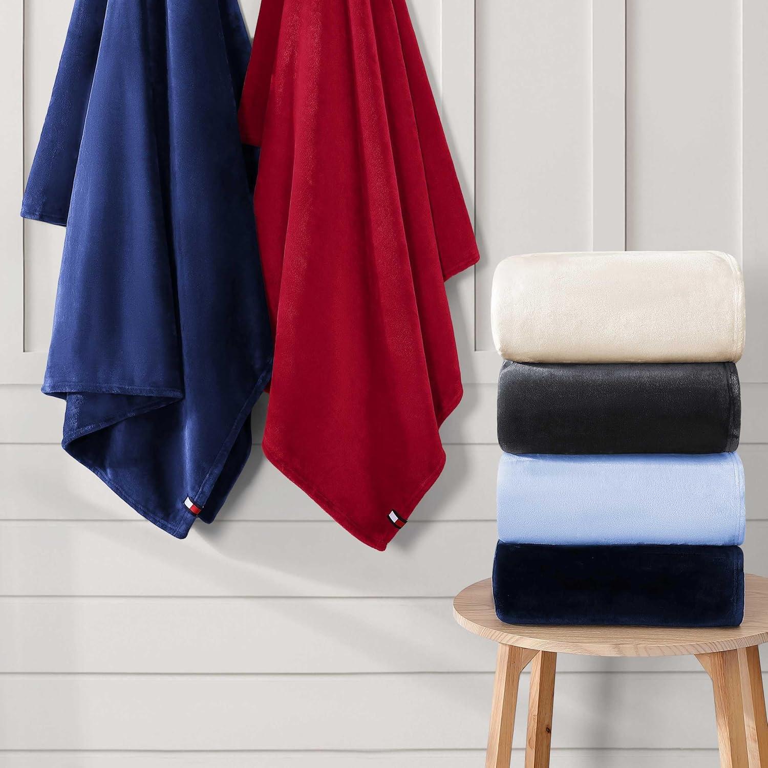 imageTommy Hilfiger Twin Plush Blanket Medium Weight Bedding for YearRound Use Perfect for Layering on Beds or Couches Dorm Essentials Light BeigeNavy