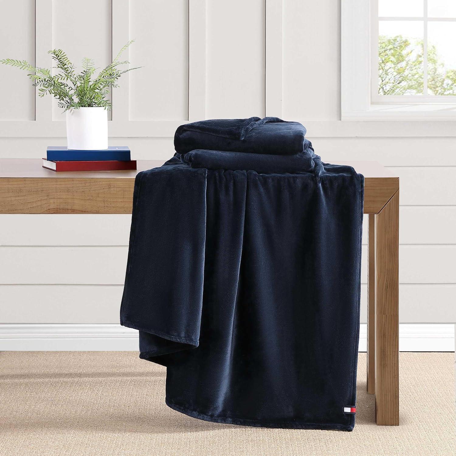 imageTommy Hilfiger Twin Plush Blanket Medium Weight Bedding for YearRound Use Perfect for Layering on Beds or Couches Dorm Essentials Light BeigeNavy