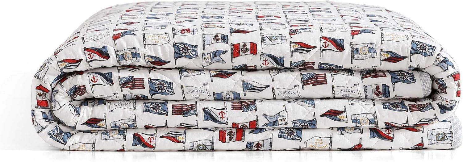 imageTommy Hilfiger Twin Quilt Set Cotton Textured Bedding with Matching Sham Medium Weight Bed Set European Closure OekoTEX Certified Bold Stripe BlueBoating Flags Blue