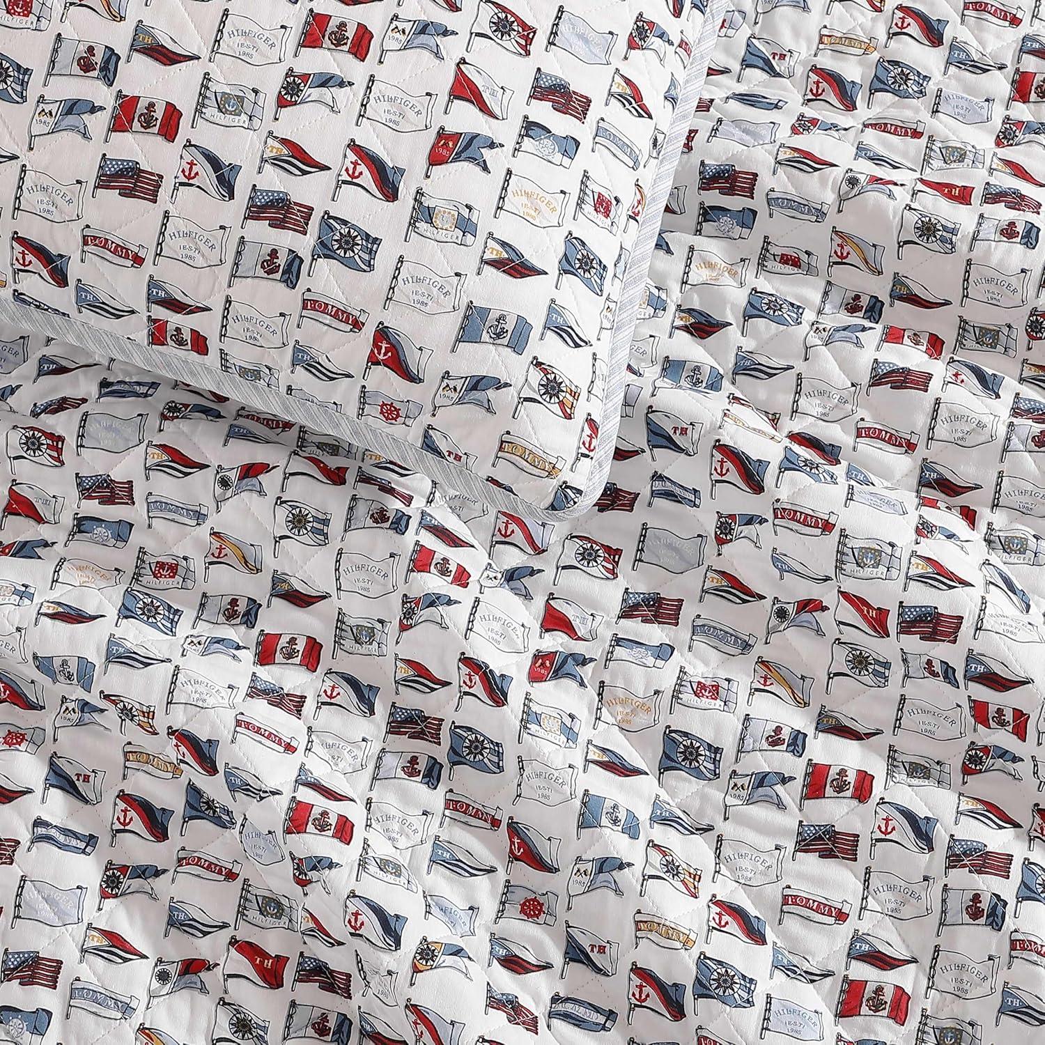 imageTommy Hilfiger Twin Quilt Set Cotton Textured Bedding with Matching Sham Medium Weight Bed Set European Closure OekoTEX Certified Bold Stripe BlueBoating Flags Blue
