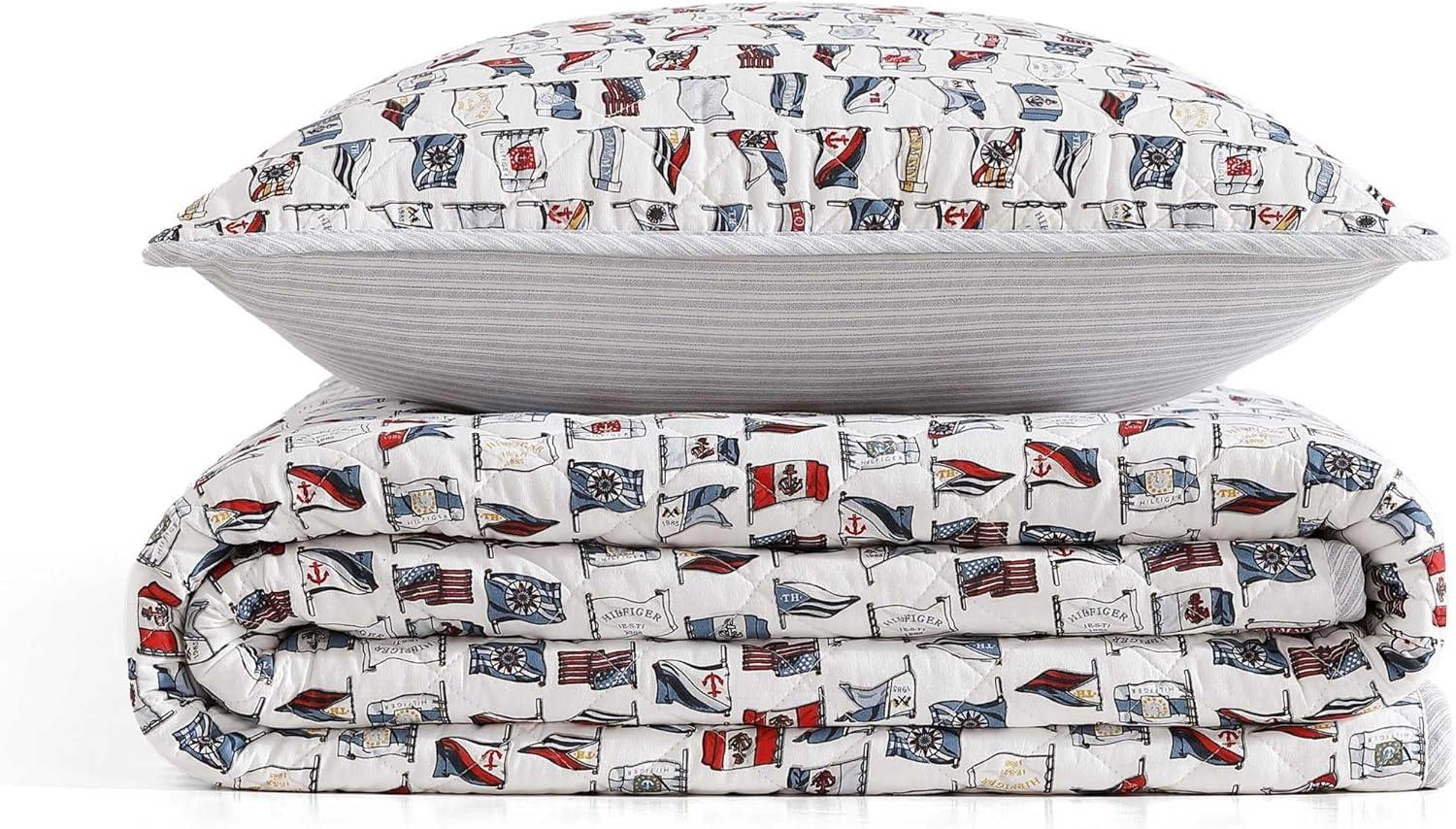 imageTommy Hilfiger Twin Quilt Set Cotton Textured Bedding with Matching Sham Medium Weight Bed Set European Closure OekoTEX Certified Bold Stripe BlueBoating Flags Blue