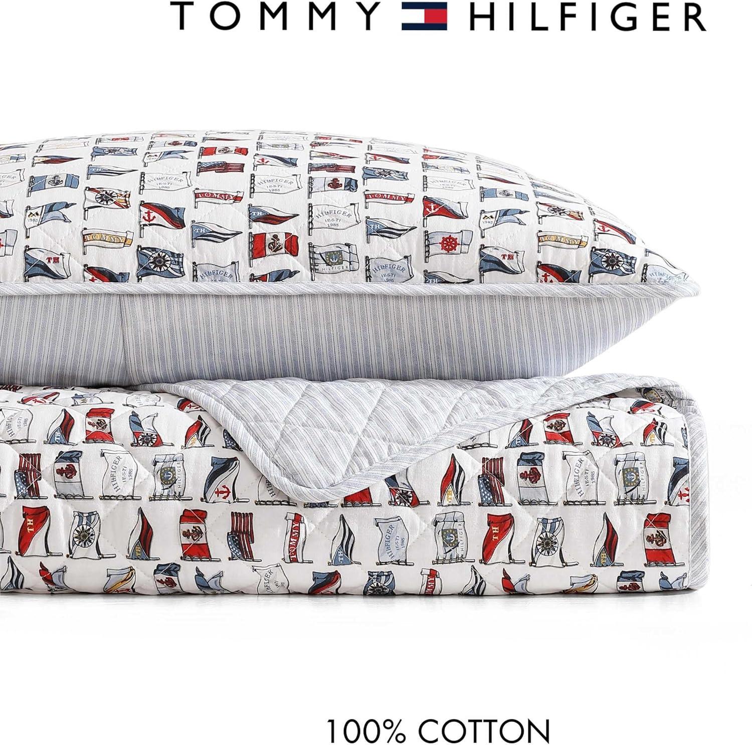 imageTommy Hilfiger Twin Quilt Set Cotton Textured Bedding with Matching Sham Medium Weight Bed Set European Closure OekoTEX Certified Bold Stripe BlueBoating Flags Blue