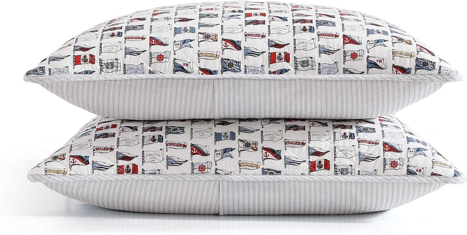 imageTommy Hilfiger Twin Quilt Set Cotton Textured Bedding with Matching Sham Medium Weight Bed Set European Closure OekoTEX Certified Bold Stripe BlueBoating Flags Blue