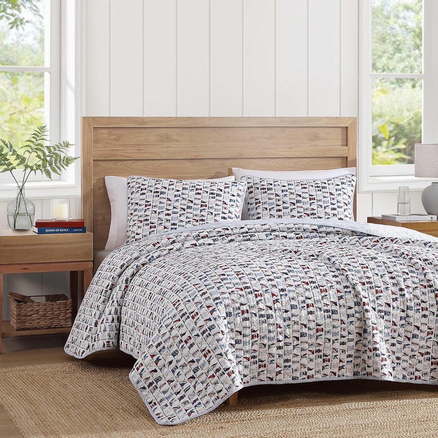 imageTommy Hilfiger Twin Quilt Set Cotton Textured Bedding with Matching Sham Medium Weight Bed Set European Closure OekoTEX Certified Bold Stripe BlueBoating Flags Blue