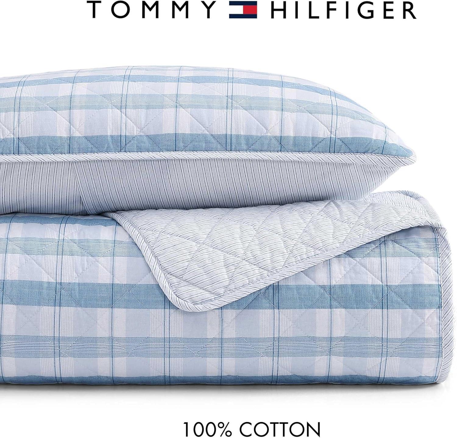 imageTommy Hilfiger Twin Quilt Set Cotton Textured Bedding with Matching Sham Medium Weight Bed Set European Closure OekoTEX Certified Bold Stripe BlueDreamy Plaid Blue