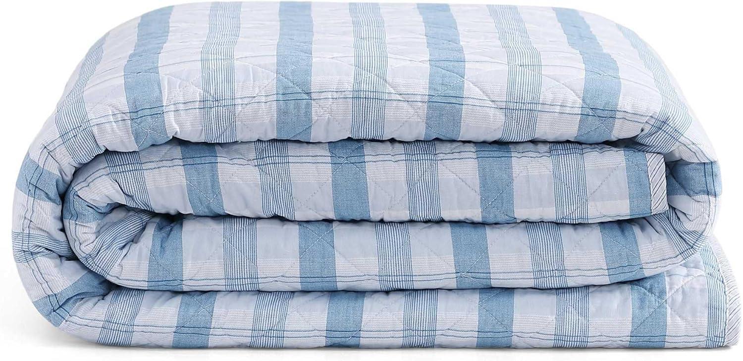 imageTommy Hilfiger Twin Quilt Set Cotton Textured Bedding with Matching Sham Medium Weight Bed Set European Closure OekoTEX Certified Bold Stripe BlueDreamy Plaid Blue