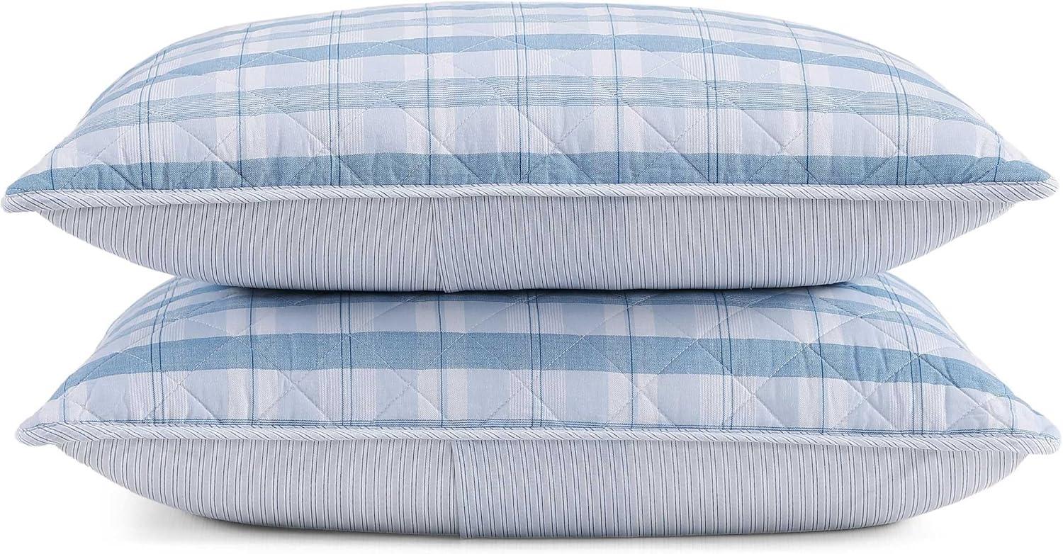 imageTommy Hilfiger Twin Quilt Set Cotton Textured Bedding with Matching Sham Medium Weight Bed Set European Closure OekoTEX Certified Bold Stripe BlueDreamy Plaid Blue
