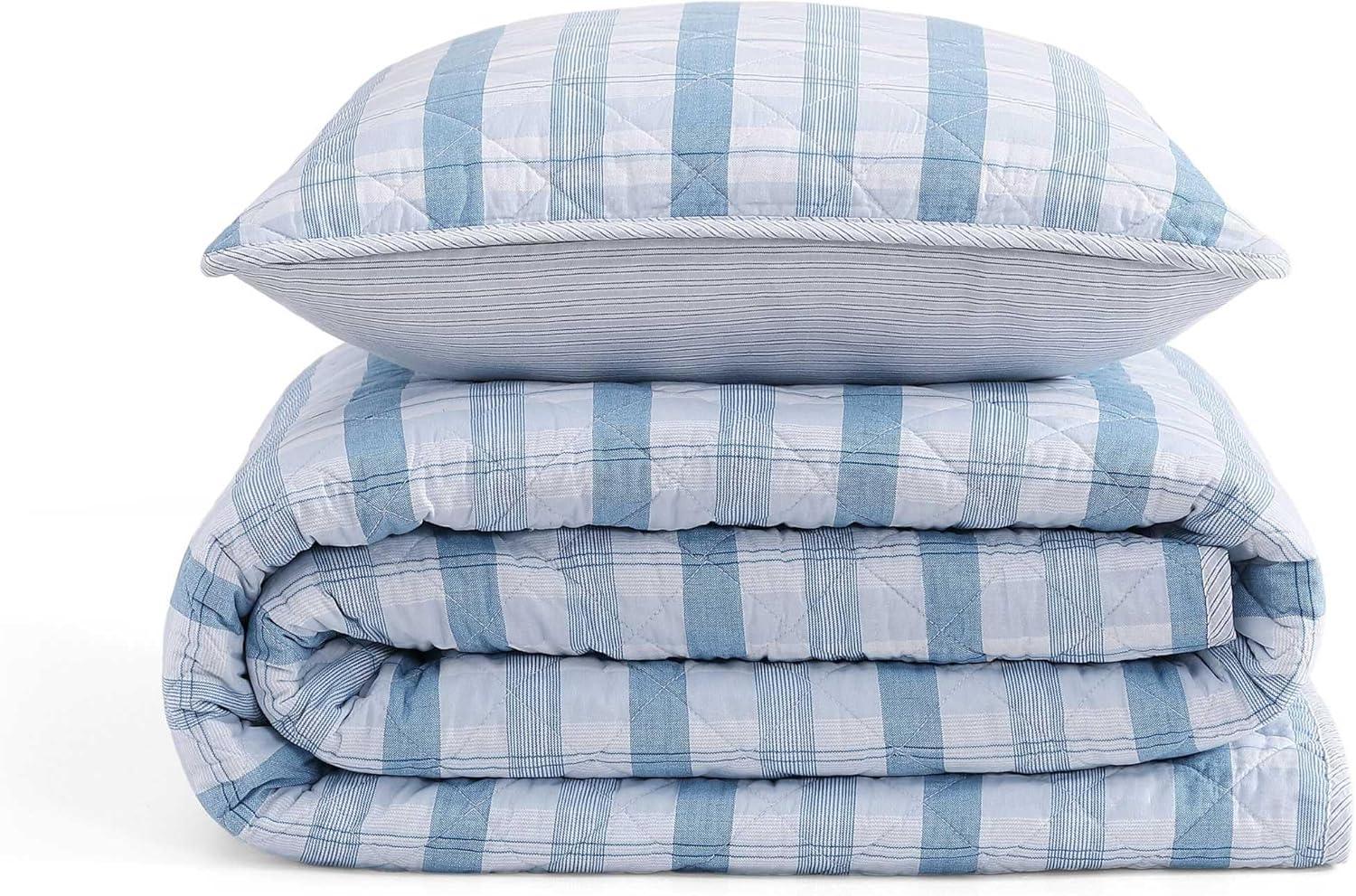 imageTommy Hilfiger Twin Quilt Set Cotton Textured Bedding with Matching Sham Medium Weight Bed Set European Closure OekoTEX Certified Bold Stripe BlueDreamy Plaid Blue