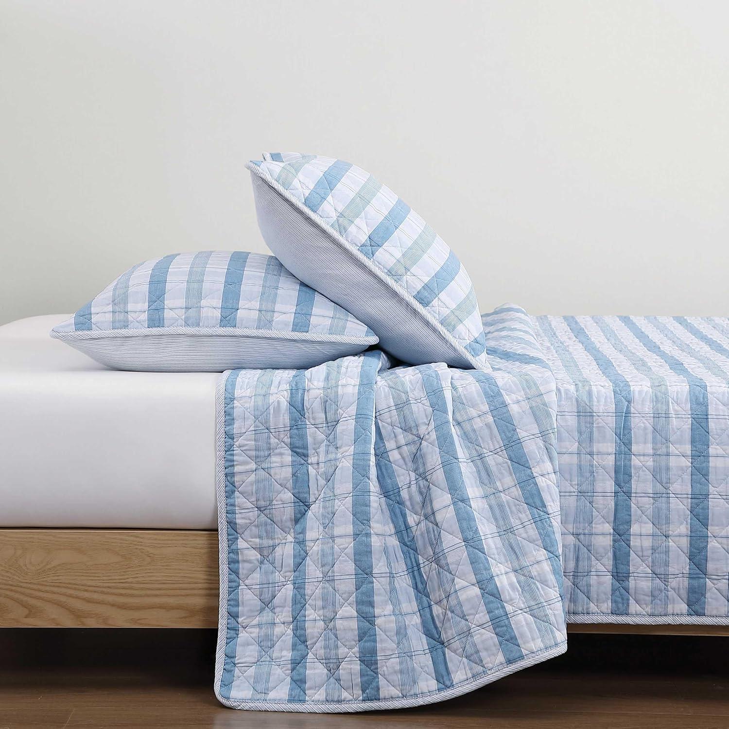 imageTommy Hilfiger Twin Quilt Set Cotton Textured Bedding with Matching Sham Medium Weight Bed Set European Closure OekoTEX Certified Bold Stripe BlueDreamy Plaid Blue