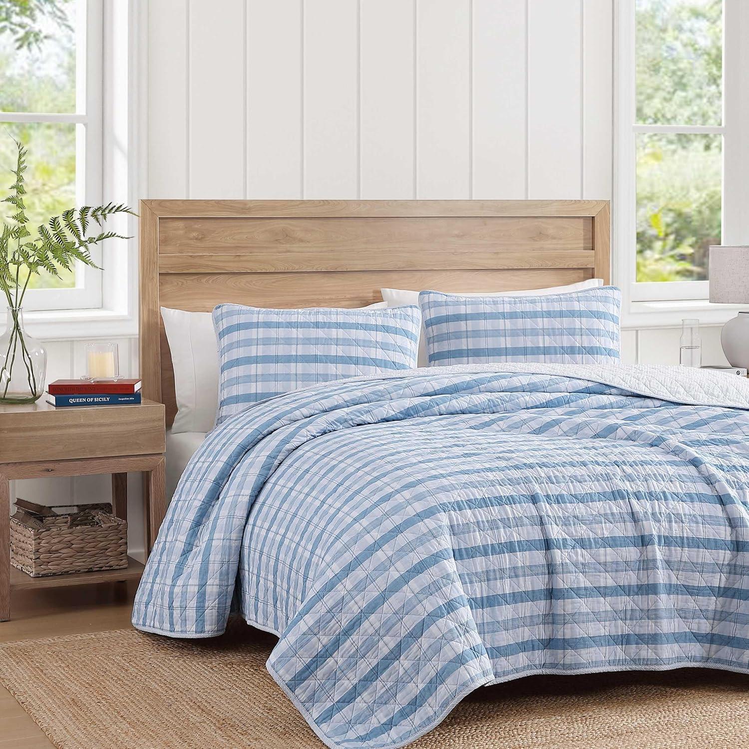 imageTommy Hilfiger Twin Quilt Set Cotton Textured Bedding with Matching Sham Medium Weight Bed Set European Closure OekoTEX Certified Bold Stripe BlueDreamy Plaid Blue