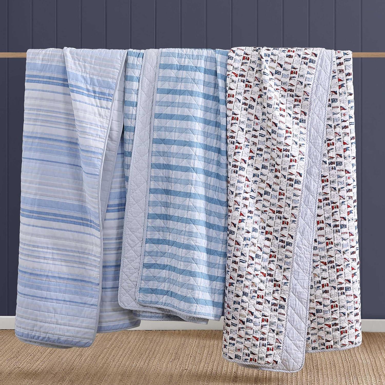 imageTommy Hilfiger Twin Quilt Set Cotton Textured Bedding with Matching Sham Medium Weight Bed Set European Closure OekoTEX Certified Bold Stripe BlueDreamy Plaid Blue