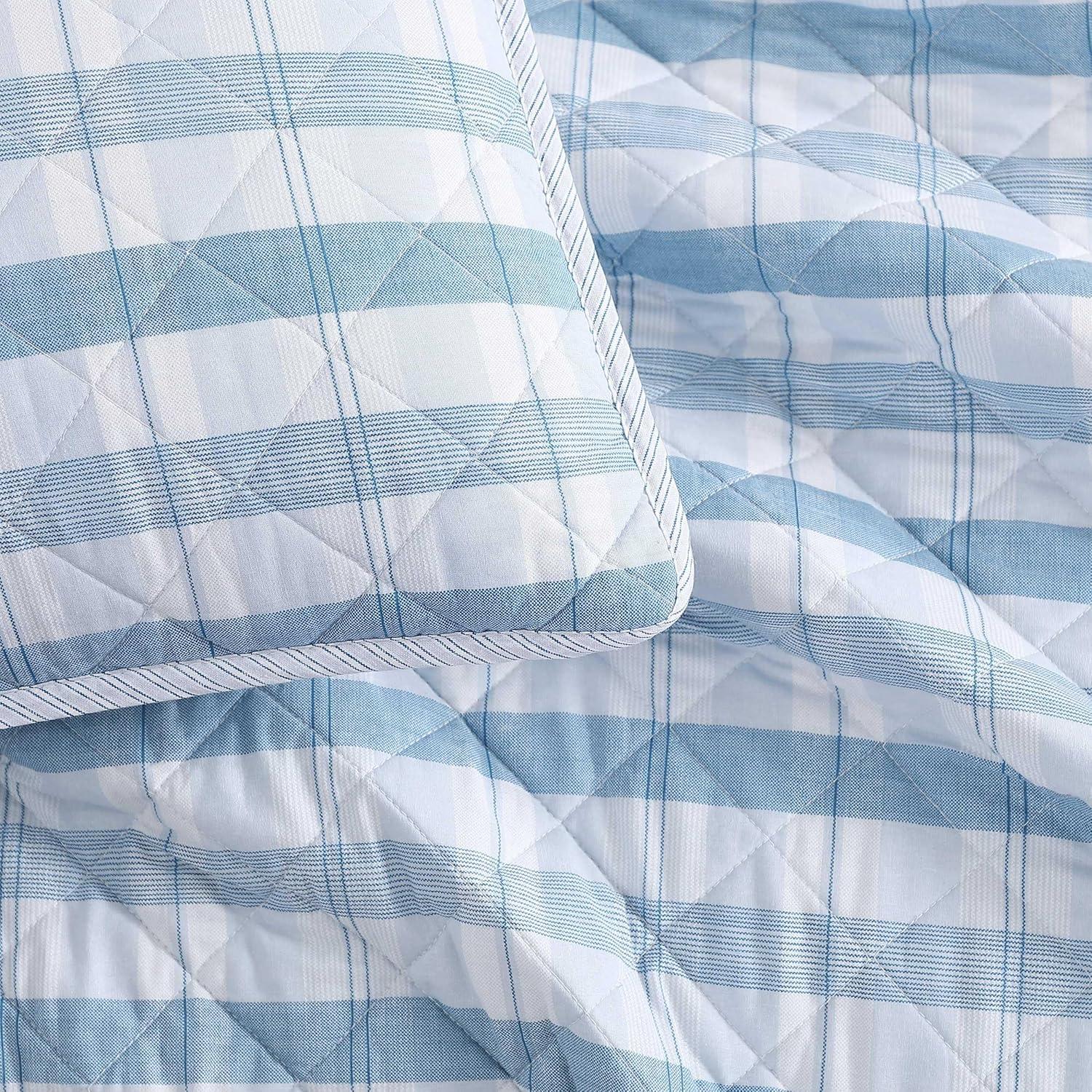 imageTommy Hilfiger Twin Quilt Set Cotton Textured Bedding with Matching Sham Medium Weight Bed Set European Closure OekoTEX Certified Bold Stripe BlueDreamy Plaid Blue