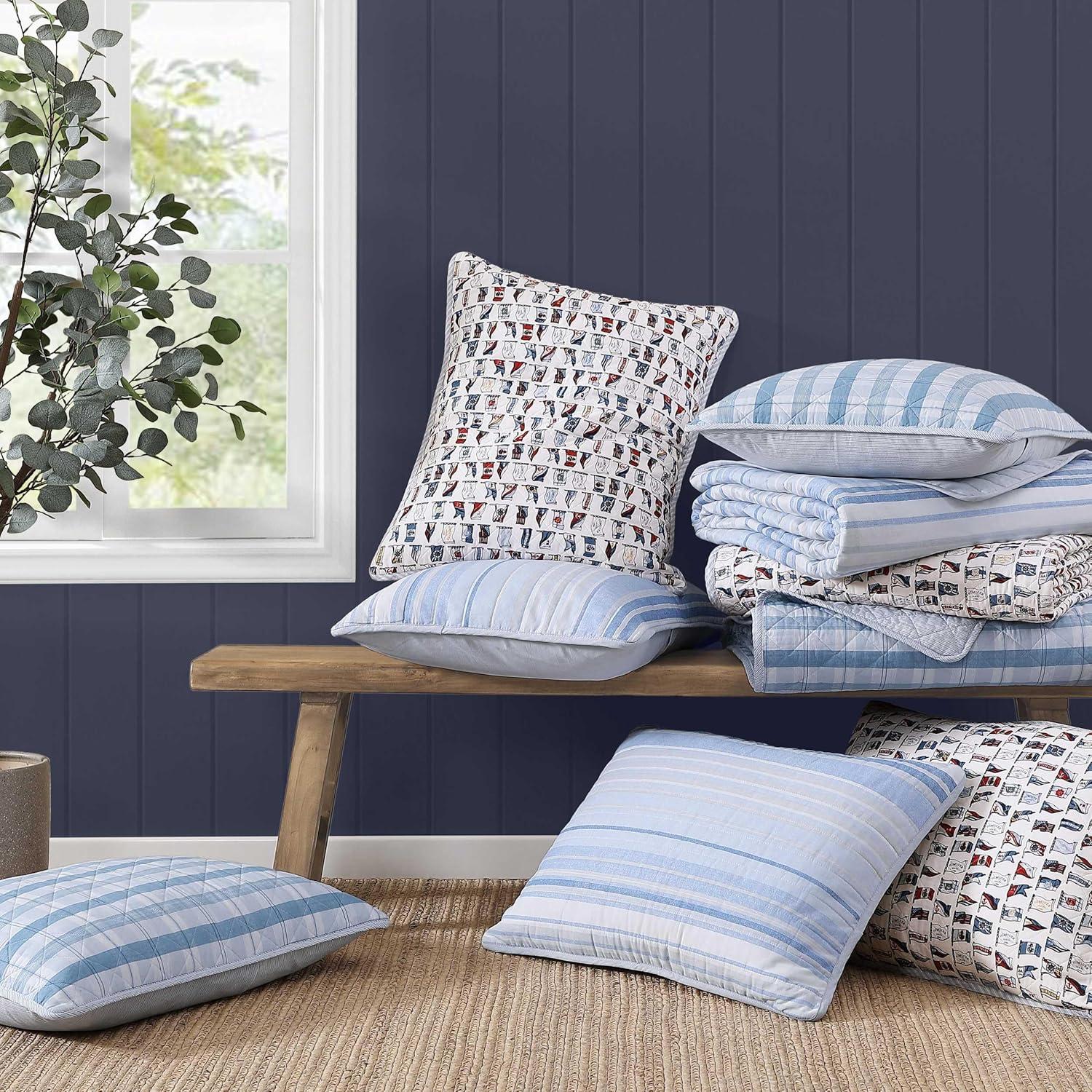 imageTommy Hilfiger Twin Quilt Set Cotton Textured Bedding with Matching Sham Medium Weight Bed Set European Closure OekoTEX Certified Bold Stripe BlueDreamy Plaid Blue