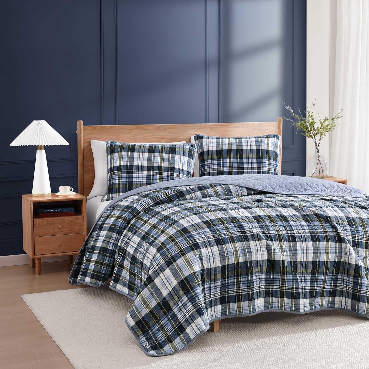 imageTommy Hilfiger Twin Quilt Set Soft Cotton wBreathable Feel Lightweight Bedding for Year Round Comfort 2 Piece Bed Set wMatching Pillowcase Sailing Stripe BlueBleecker Plaid Blue