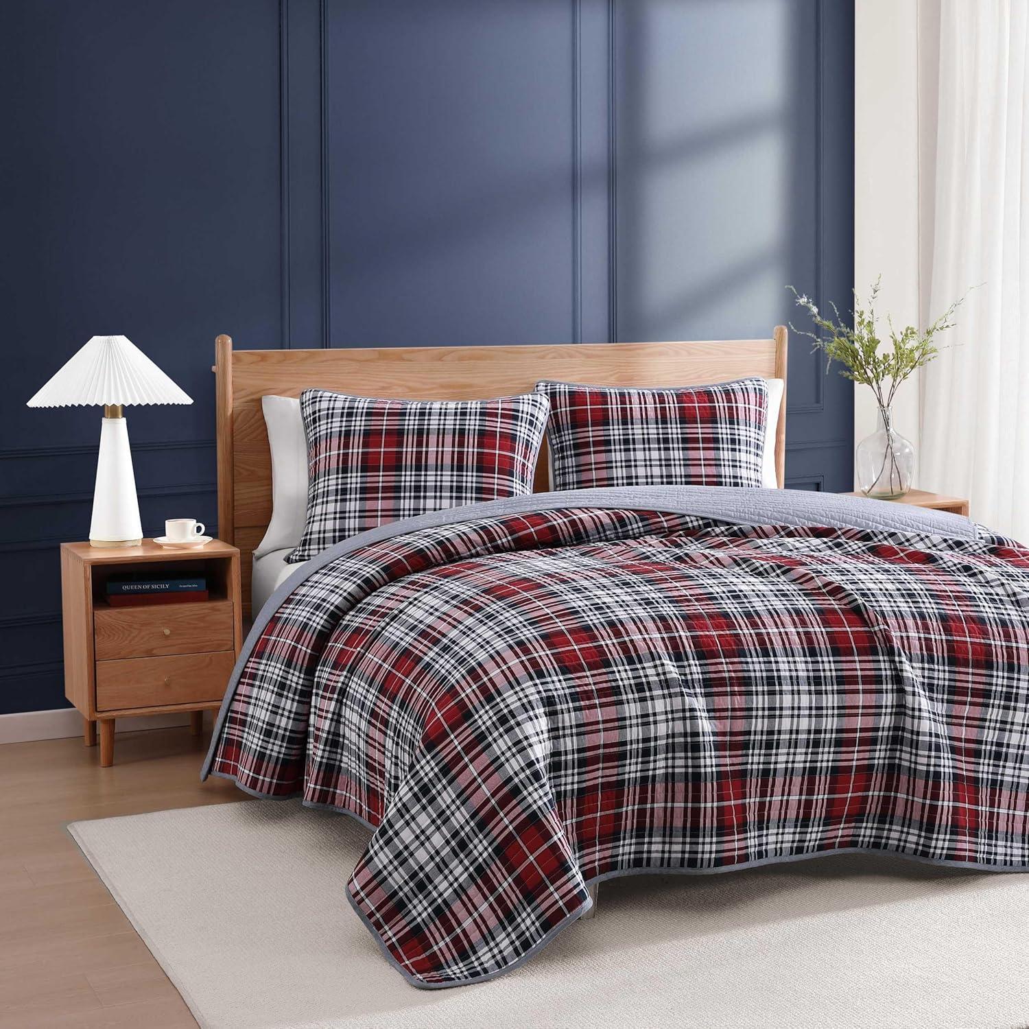 imageTommy Hilfiger Twin Quilt Set Soft Cotton wBreathable Feel Lightweight Bedding for Year Round Comfort 2 Piece Bed Set wMatching Pillowcase Sailing Stripe BlueCollegiate Tartan Blue