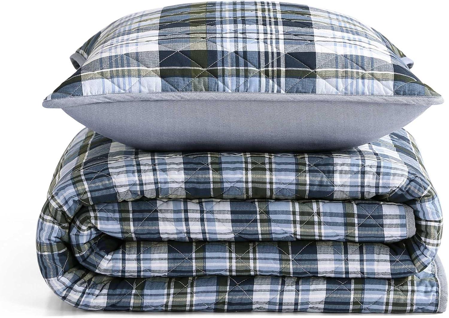 imageTommy Hilfiger Twin Quilt Set Soft Cotton wBreathable Feel Lightweight Bedding for Year Round Comfort 2 Piece Bed Set wMatching Pillowcase Sailing Stripe BlueBleecker Plaid Blue