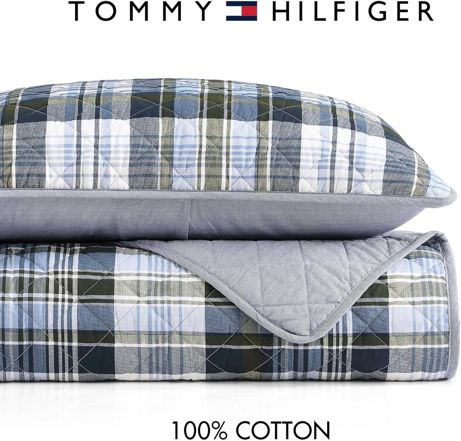 imageTommy Hilfiger Twin Quilt Set Soft Cotton wBreathable Feel Lightweight Bedding for Year Round Comfort 2 Piece Bed Set wMatching Pillowcase Sailing Stripe BlueBleecker Plaid Blue