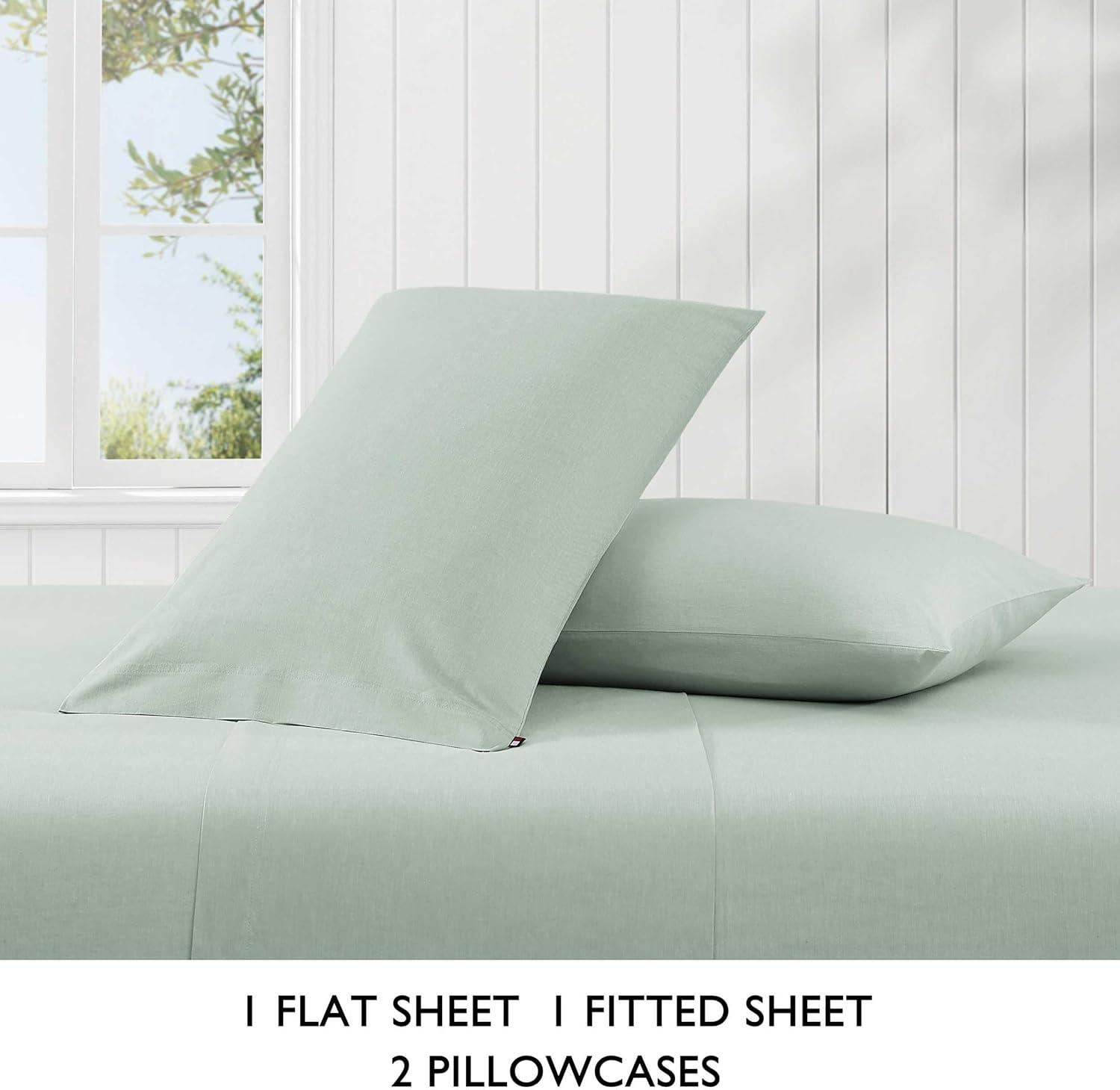 imageTommy Hilfiger Twin Sheet Set Cotton Chambray Bedding with Matching Pillowcase Lightweight Weave Subtle Textured Bed Sheets NavyGreen