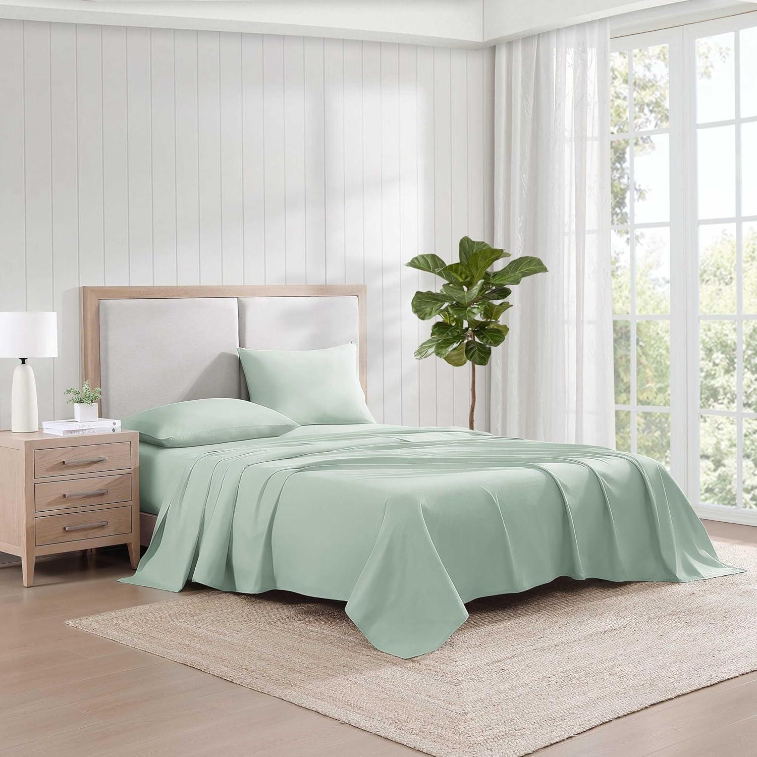 imageTommy Hilfiger Twin Sheet Set Cotton Chambray Bedding with Matching Pillowcase Lightweight Weave Subtle Textured Bed Sheets NavyGreen