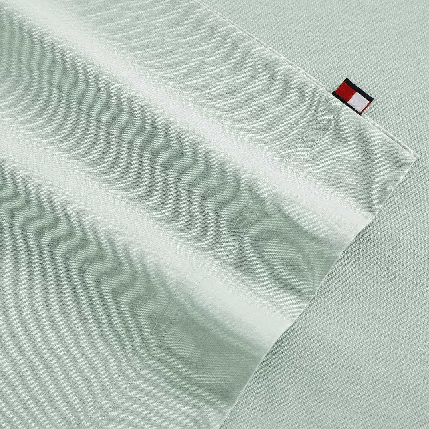 imageTommy Hilfiger Twin Sheet Set Cotton Chambray Bedding with Matching Pillowcase Lightweight Weave Subtle Textured Bed Sheets NavyGreen
