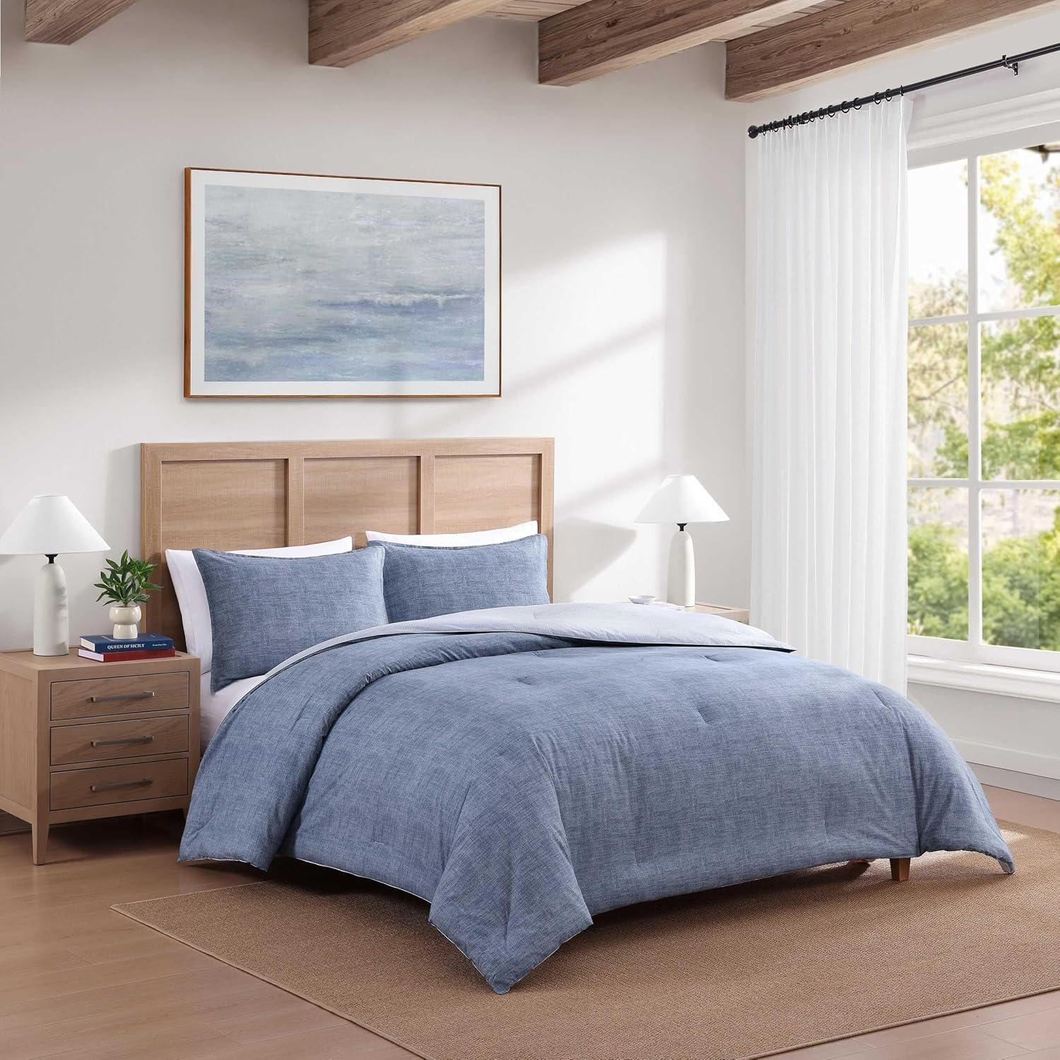 imageTommy Hilfiger TwinTwin XL Comforter Set Textured Cotton Plain Weave Bedding with Matching Sham Reversible Medium Weight for YearRound Use Dorm Essentials OekoTex Certified Dark BlueDark Blue