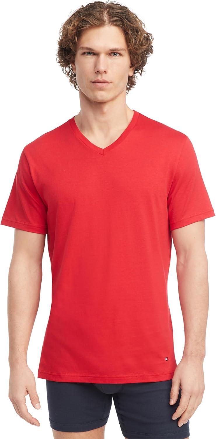 imageTommy Hilfiger Mens Cotton Classics 3Pack VNeck UndershirtsPrimary Red Navy White
