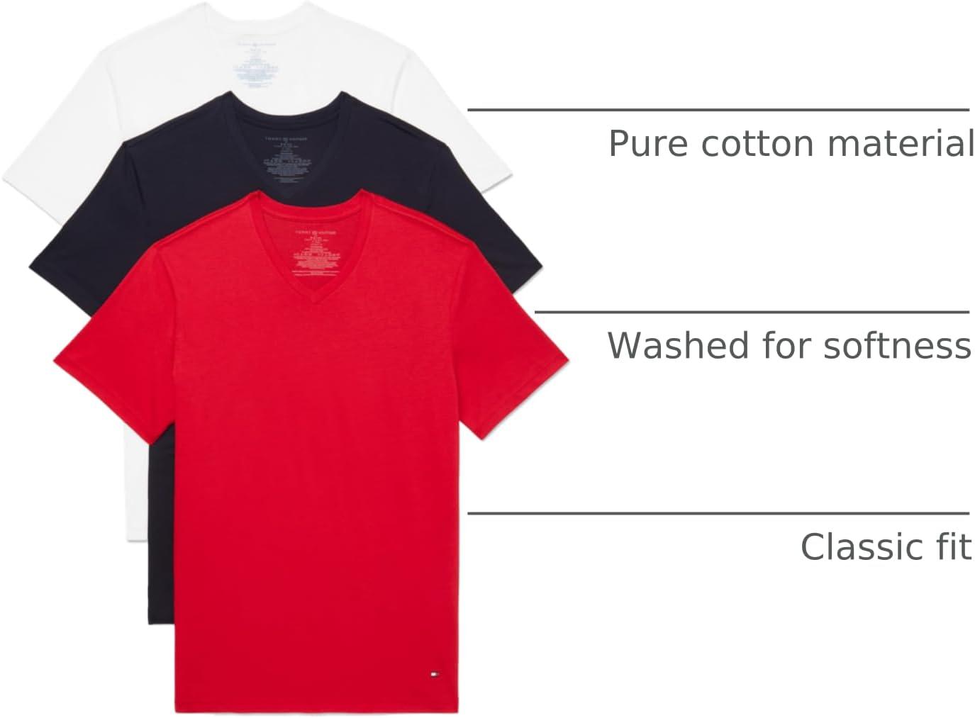 imageTommy Hilfiger Mens Cotton Classics 3Pack VNeck UndershirtsPrimary Red Navy White