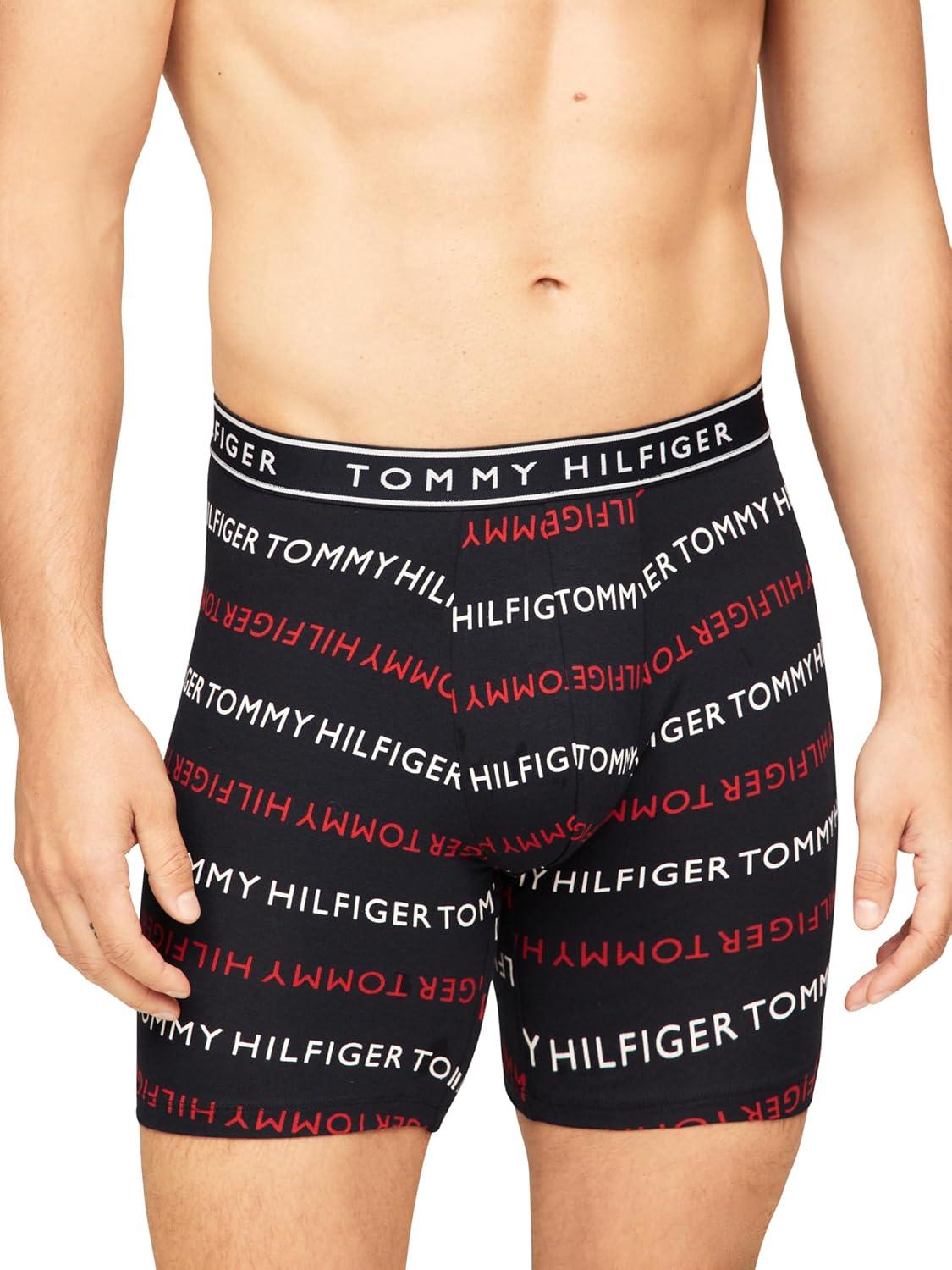 imageTommy Hilfiger Mens Cotton Stretch 4Pack Boxer BriefBreezy Blue Navy Logo Print Primary Red Bank Blue