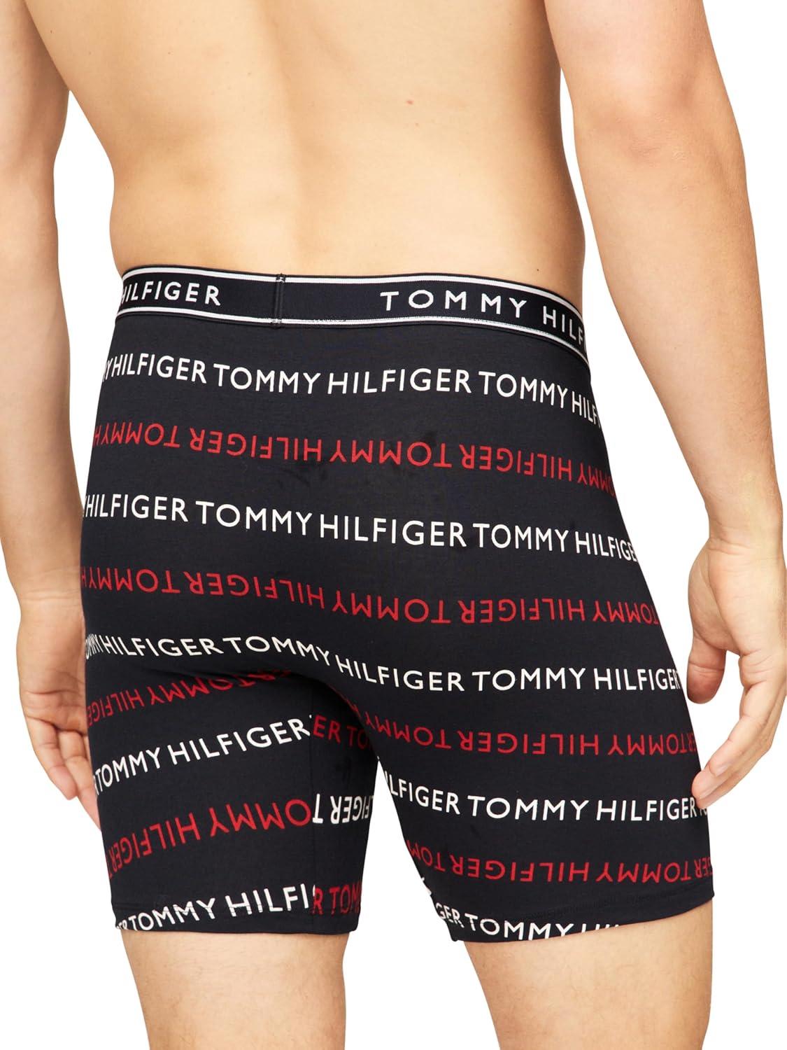 imageTommy Hilfiger Mens Cotton Stretch 4Pack Boxer BriefBreezy Blue Navy Logo Print Primary Red Bank Blue