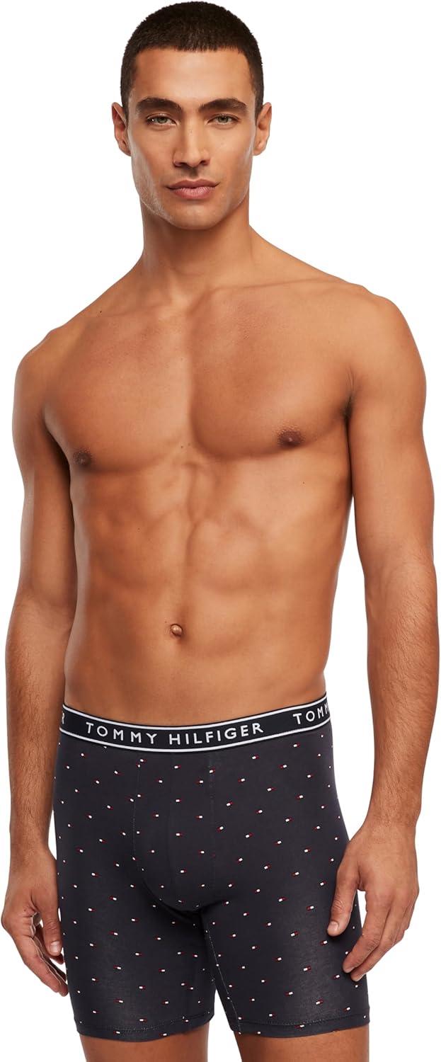 imageTommy Hilfiger Mens Cotton Stretch 4Pack Boxer BriefTrue Blue Navy Microflag Print Mahogany Navy