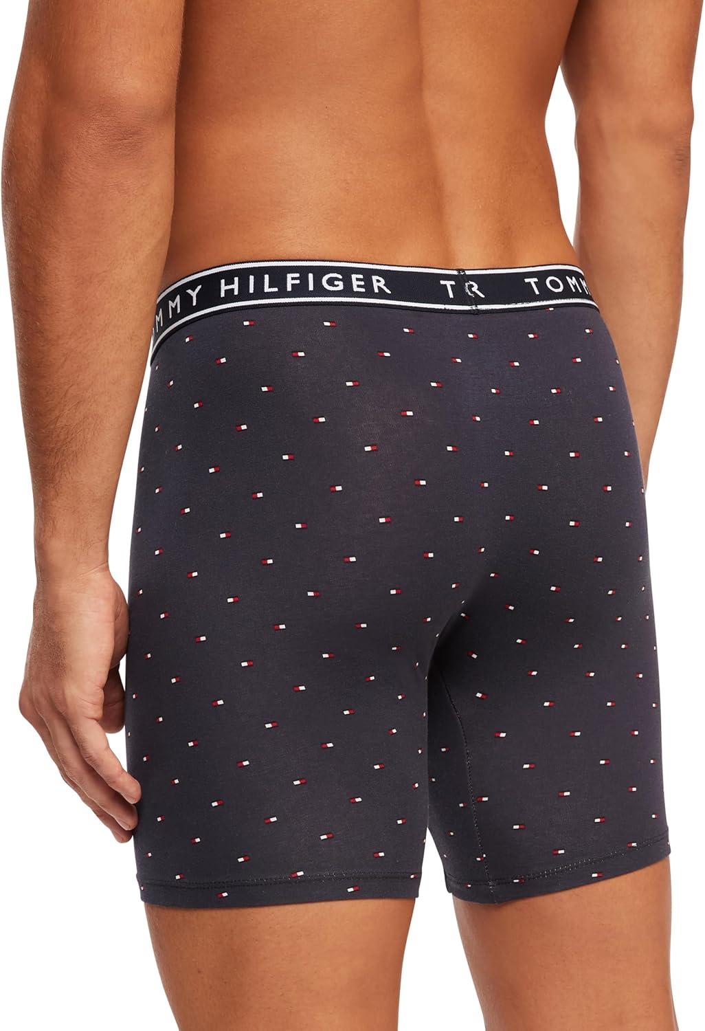 imageTommy Hilfiger Mens Cotton Stretch 4Pack Boxer BriefTrue Blue Navy Microflag Print Mahogany Navy