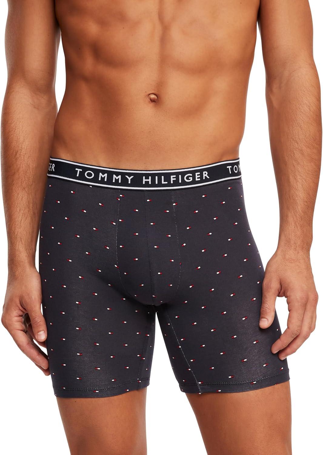 imageTommy Hilfiger Mens Cotton Stretch 4Pack Boxer BriefTrue Blue Navy Microflag Print Mahogany Navy