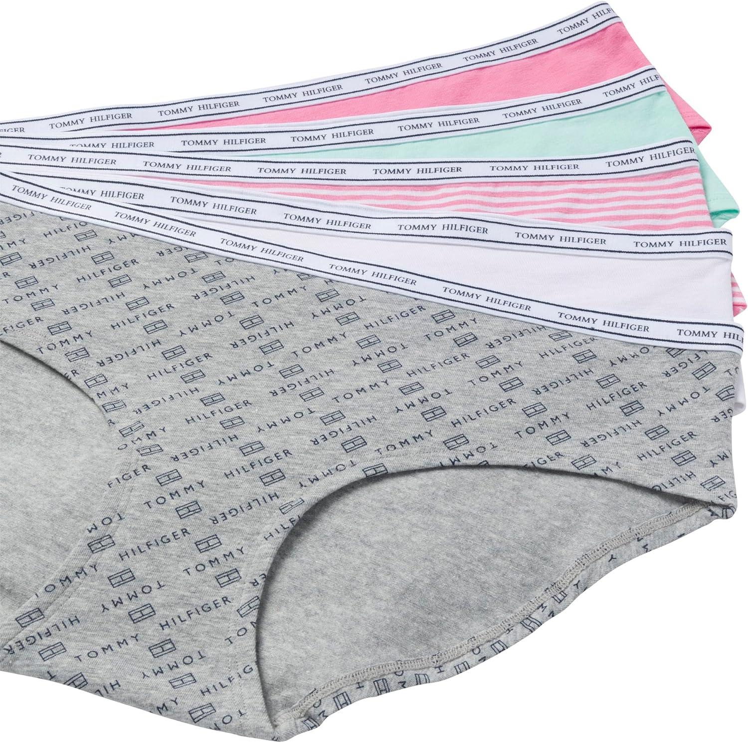 imageTommy Hilfiger Womens Classic Cotton Logoband Hipster 5PackTh Flag PrintBeach GlassBright WhiteMorning GloryMorning Glory Stripe