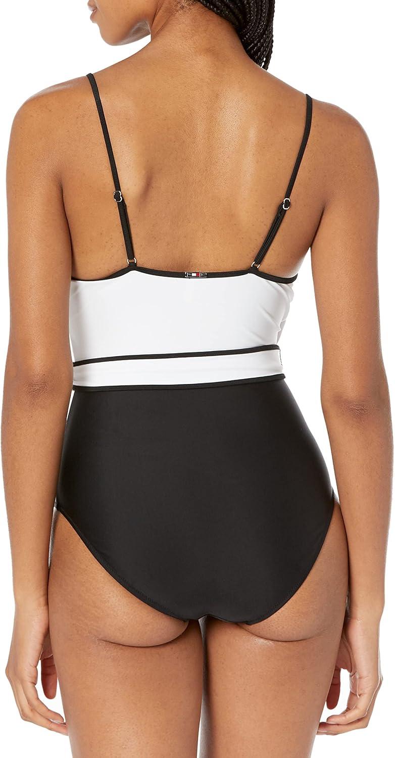 imageTommy Hilfiger Womens Classic VNeck One Piece SwimsuitBlackWhite Halter