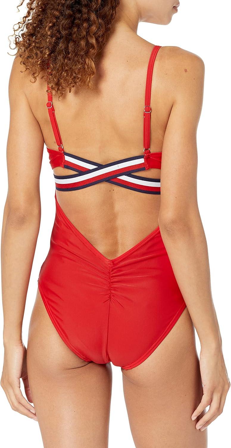 imageTommy Hilfiger Womens Classic VNeck One Piece SwimsuitScarlet Multi