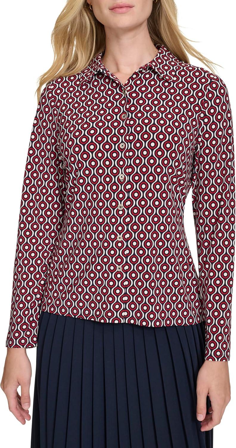 imageTommy Hilfiger Womens Long Sleeve Collared Button Front TopMidnight Multi