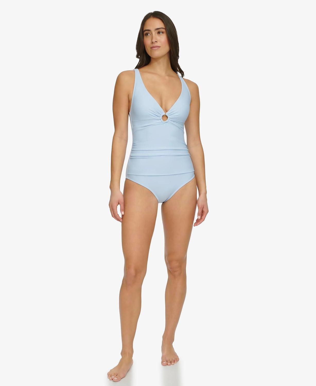 imageTommy Hilfiger Womens One Piece Keyhole Ring Detail SwimsuitChambray