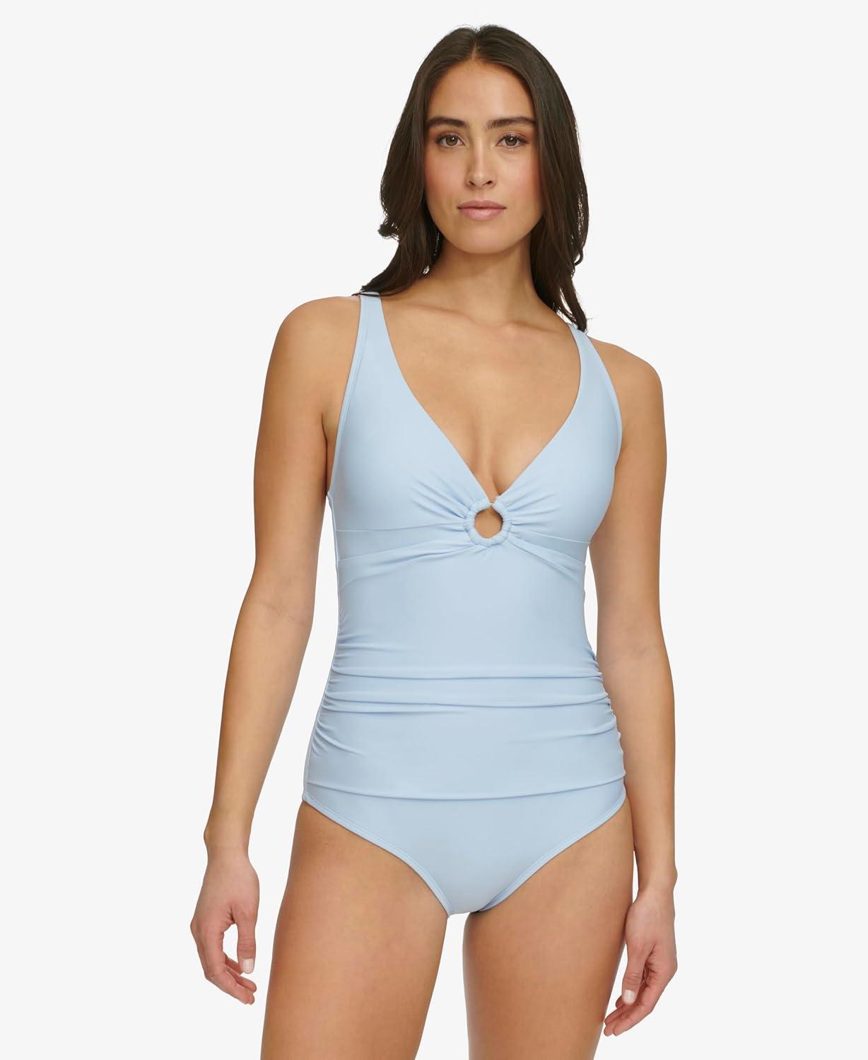 imageTommy Hilfiger Womens One Piece Keyhole Ring Detail SwimsuitChambray