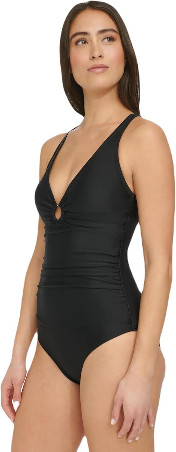 imageTommy Hilfiger Womens One Piece Keyhole Ring Detail SwimsuitEbony