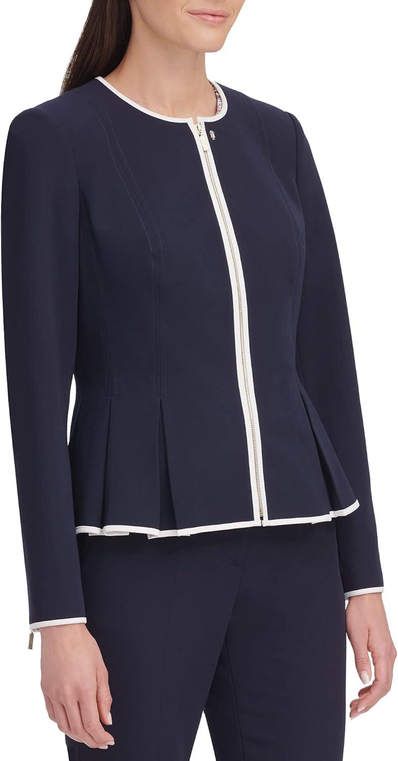 imageTommy Hilfiger Womens Peplum Collarless Zip Front Blazer JacketMidnightIvory