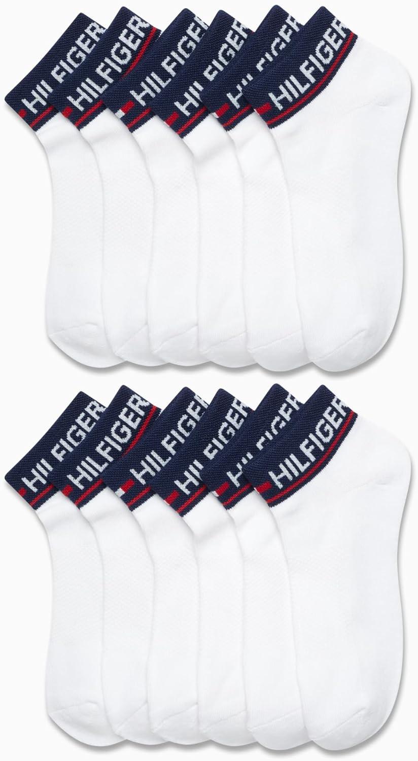 imageTommy Hilfiger Womens Quarter Socks 12 Pack Soft Cushioned Athletic Quarter Length Ankle Socks for Women Sizes 410Navy Logo