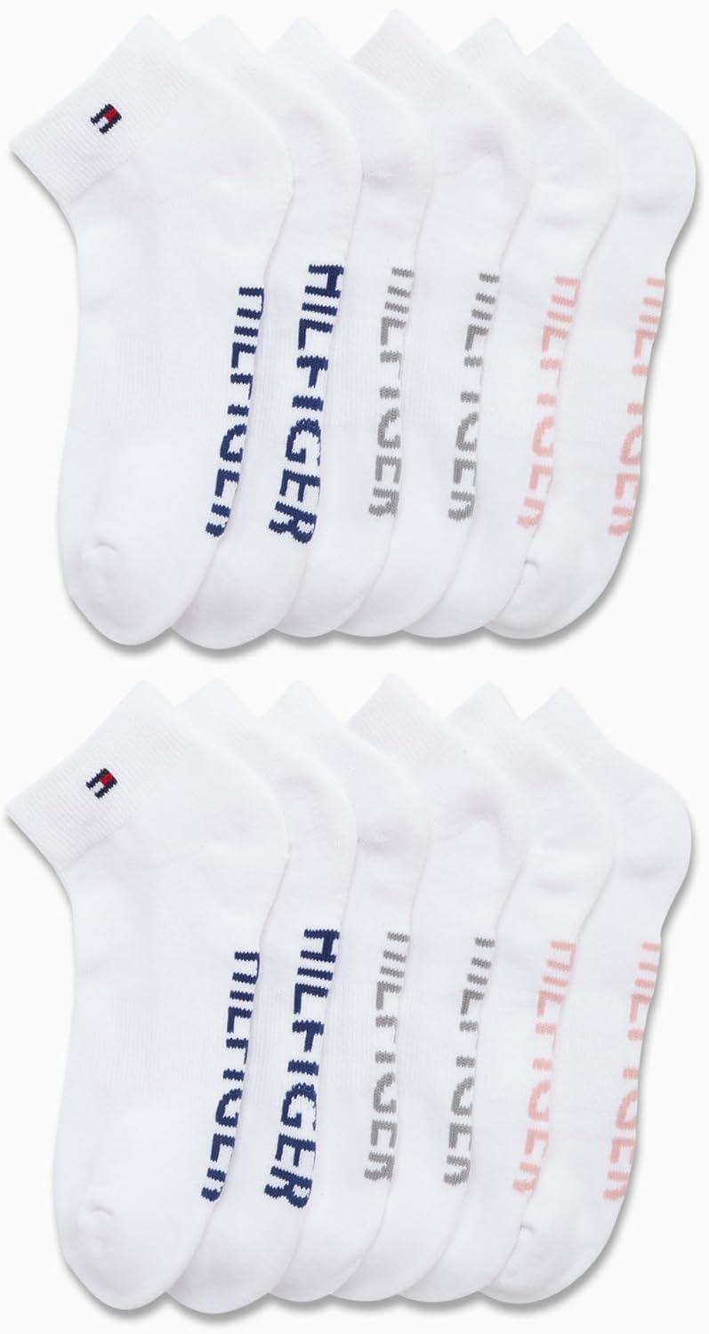 imageTommy Hilfiger Womens Quarter Socks 12 Pack Soft Cushioned Athletic Quarter Length Ankle Socks for Women Sizes 410White Logo