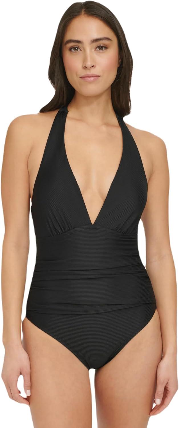 imageTommy Hilfiger Womens Stretch Tummy Control Halter Neck One Piece SwimsuitEbony